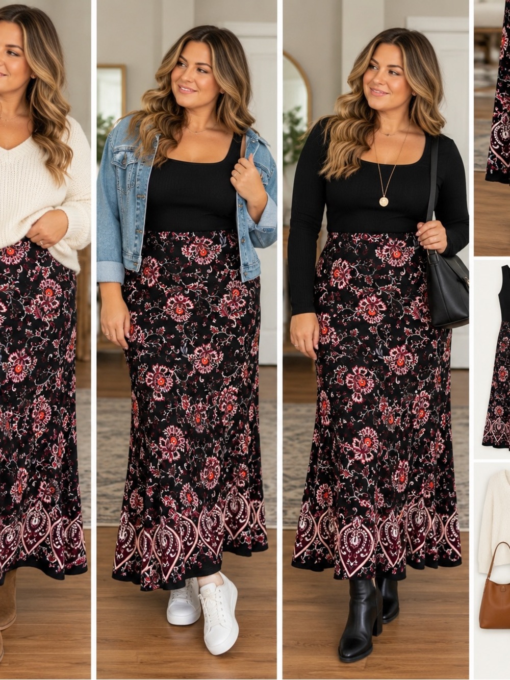Cato Black Maxi Skirt with Pink and Red Floral Border